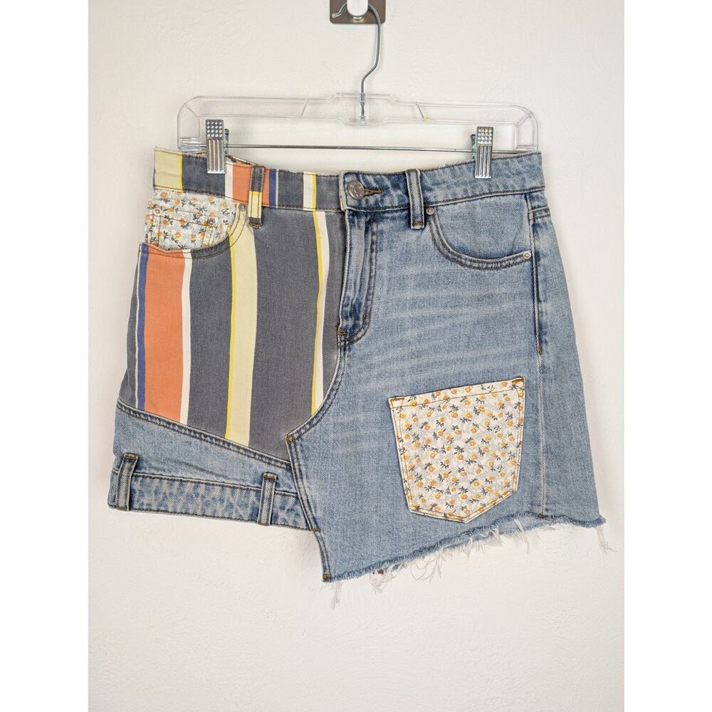 BDG Skirt Striped Patchwork Denim Asymmetrical Floral Boho Festival Blue Size M - Picture 4 of 14